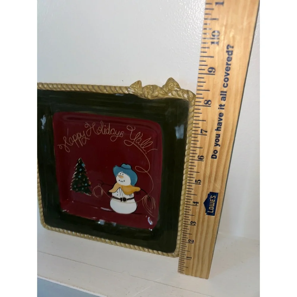 Happy Holidays Y'all Western Snowman Ceramic Square Platter Rope Trim Green Red